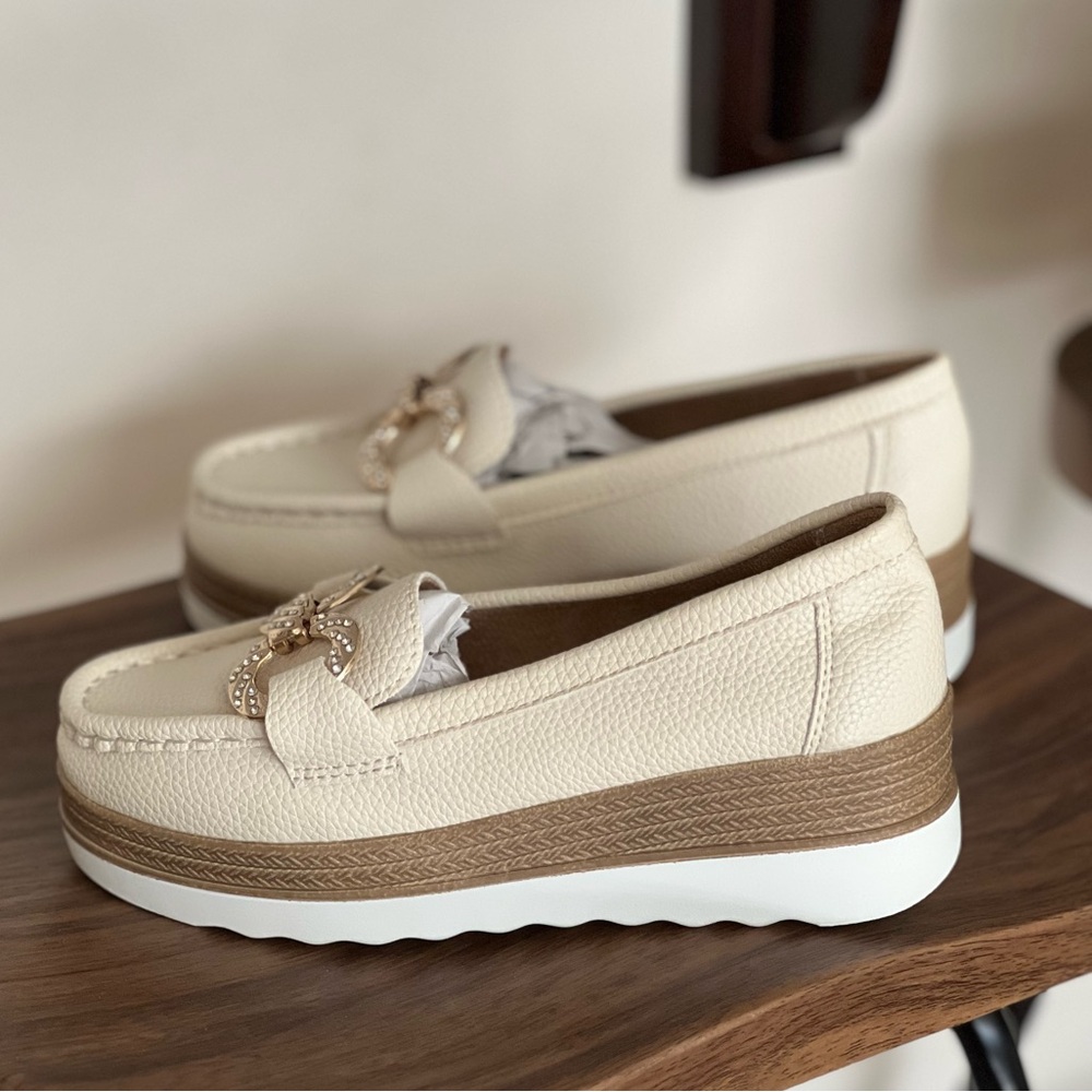 Cream Loafers Gold Beige Comfy Buckle Wedge Espadrille Casual Boat Walking Shoe - Picture 6 of 8